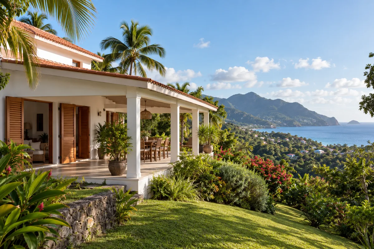 Illustration d'une maison à l'architecture antillaise dans un paysage tropical