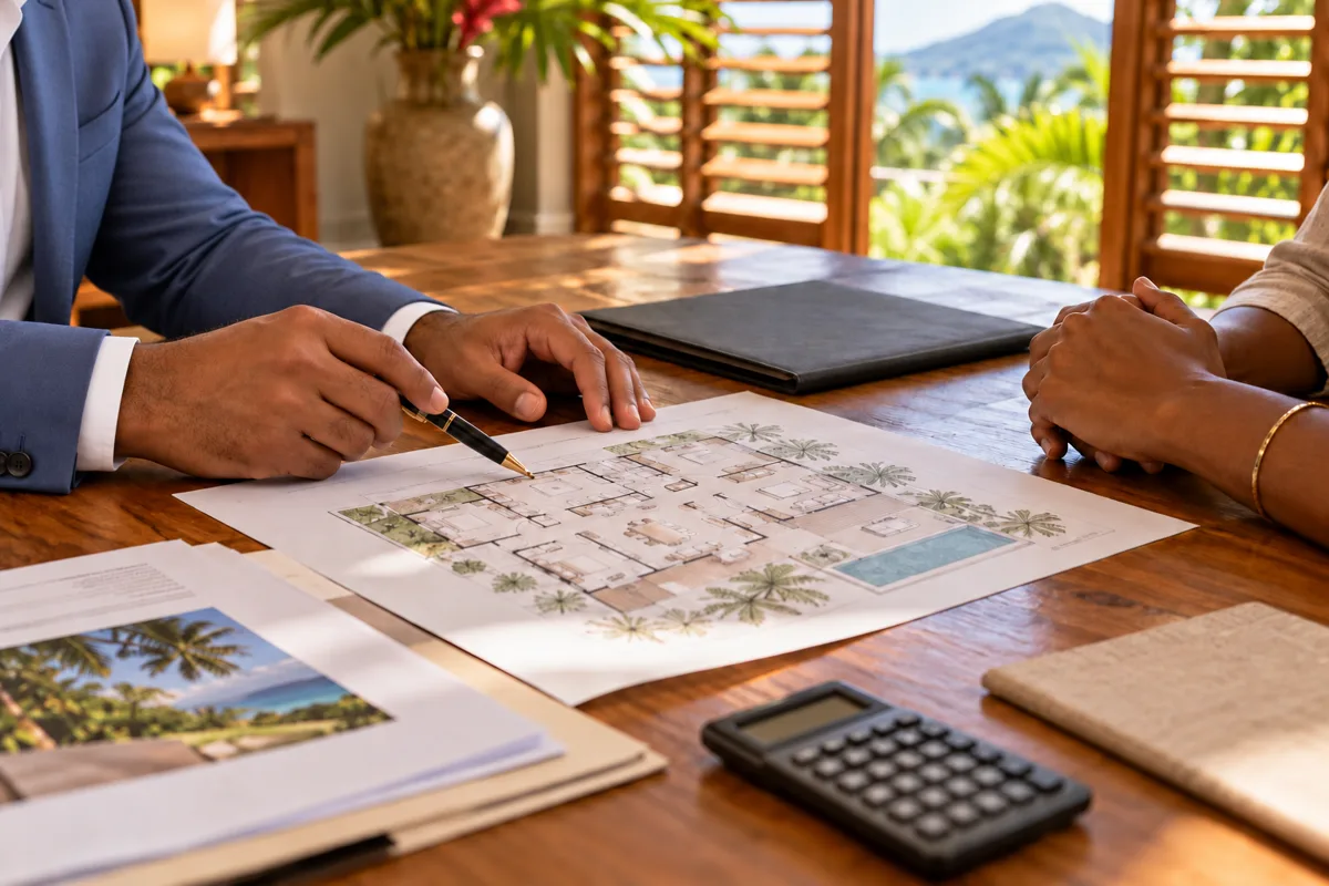 Illustration d'un échange de conseil autour d'un plan immobilier