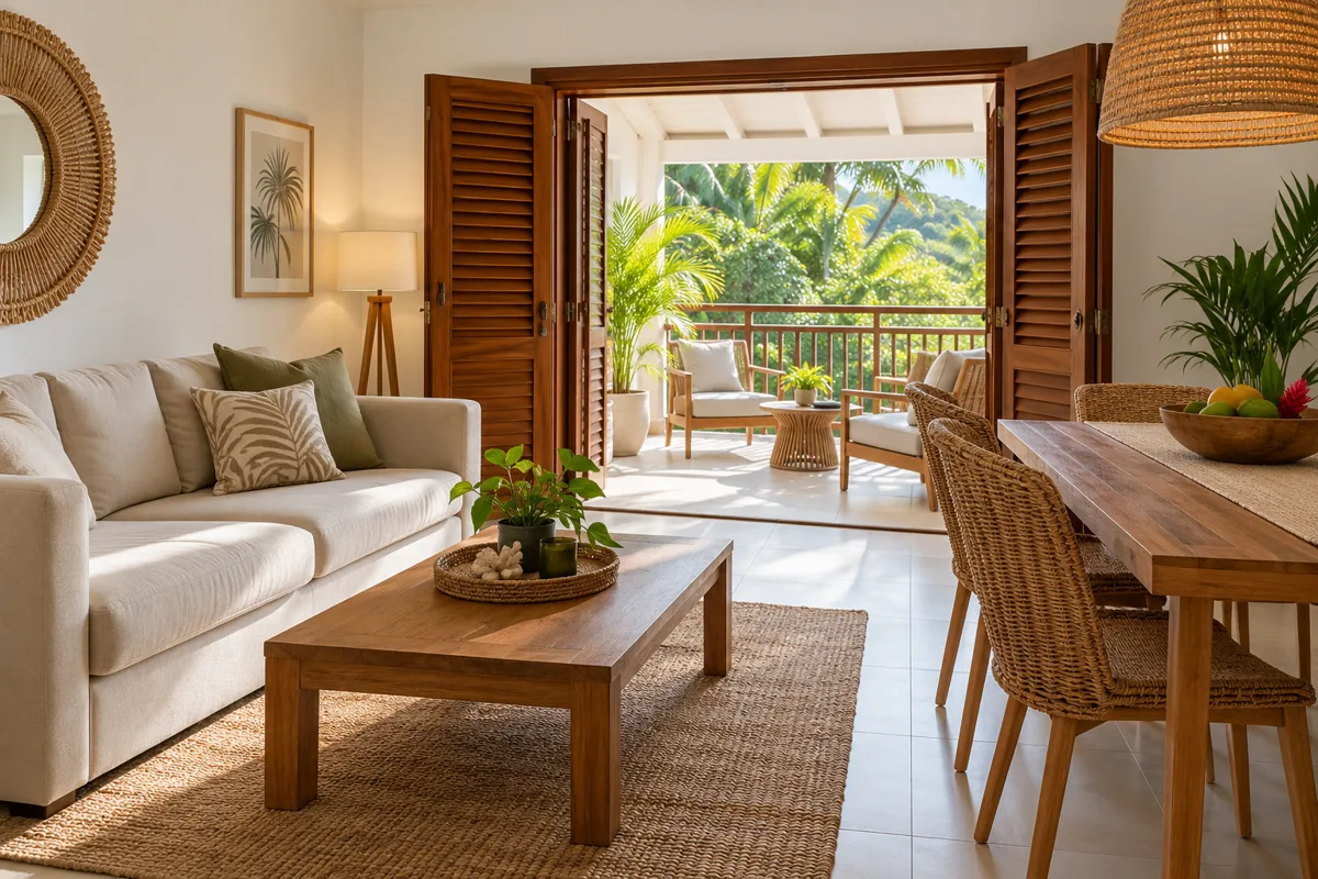 Illustration d'un intérieur lumineux ouvert sur une terrasse tropicale